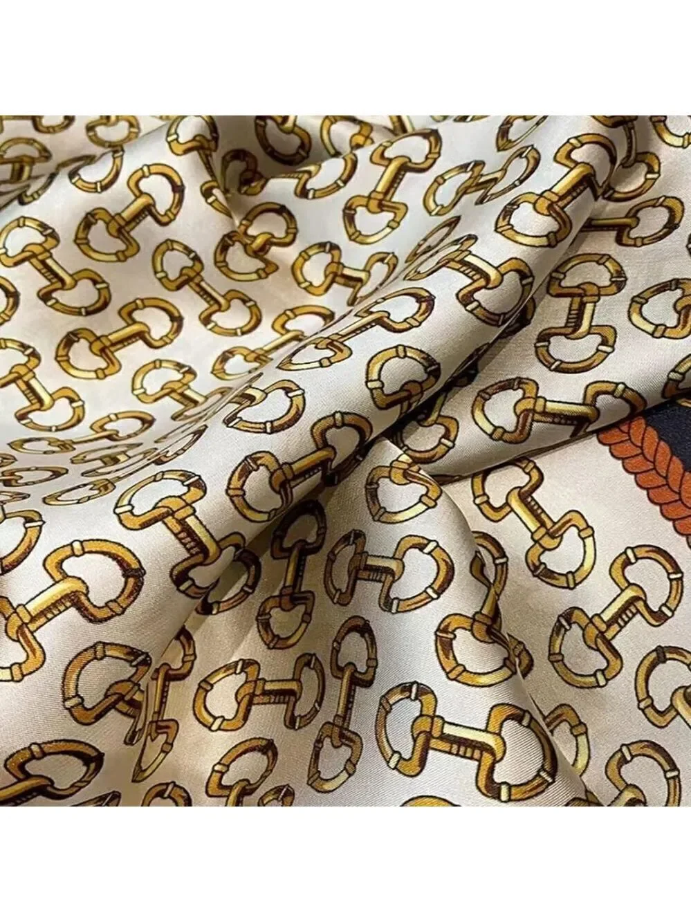 Square Scarf Blue Edge Golden Buckles Printed, Silky Style Neck Scarf